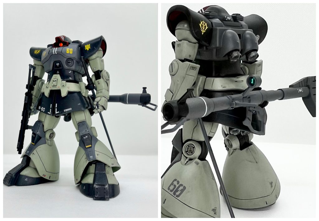 マシンガンはF2ザクから流用ですが、丈が短く持ちづらいと思うので、ストックを追加(コトブキヤのウェポンユニット16 ショットガンから流用)してます。バズーカは腰の後ろに装着できるように、キャリアをプラパイプとランナーで自作してます。ヒートサーベルは3mmの穴を開けて腰に装着に変更。