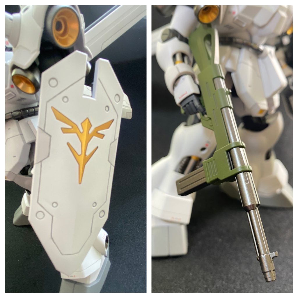 シールドはそのままだとノッペリした印象で物足りなかったので、スジボリ、色分けしてみました。ライフルは、成形色の明るいグリーンが好きではなかったので、落ち着いたグリーンに変更。