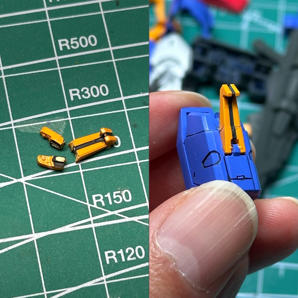 3日目の14:00、部分塗装中にツメパーツが粉砕!焦る。アロンアルファ光でサクッとリカバー。雑ながらヨシとする。