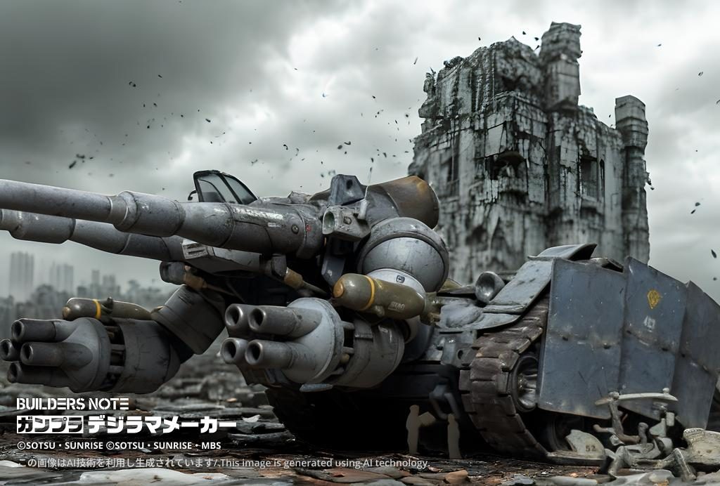 ご主人様、塗装は連邦ジオンどちらにいたしますか鹵獲兵器として塗装をどうするか、、両軍の共通色に見えそうなパンツアーグレイを基本カラーにしました。連邦の国籍章や部隊章は車体の側面に集中させました。ジオンのパターンはシュルツェンの上に国籍章を描いて、地球連邦の表示を隠しました。シュルツェンはダメージ風、未塗装、別塗装など何パターンか予備を作りました。機体に赤は使わず、コクピットは白、グランプリホワイトにしました。ラジエーターの黄色は戦車ぽくないのですが、オリジナルガンタンクの象徴と思ったので薄めて残しました。