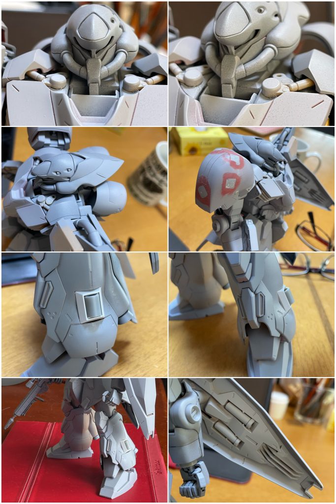 今回もディテール箇所をあらかじめメモして取り組みました。メモのために画像を一度印刷して、印刷した紙にペンで書き込む感じです。前回のガンダムの時ほど細かくメモしたわけではなく、今回は感覚的にわかる程度のものに止めてやってみました。やはりメモがあるとやりやすい気がする…