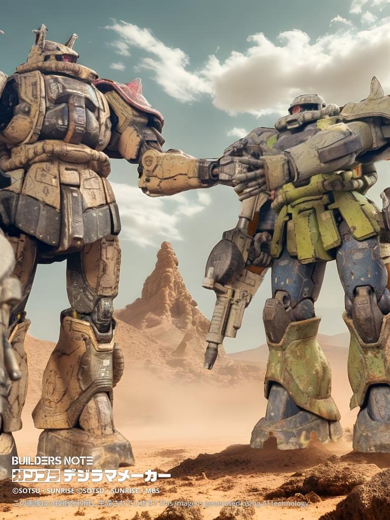 着きました。約束の地アフリカです。ここに平和なんてものはありません。すべての命ある連邦兵に死を。F2さんのカラダの半分は壊れて旧ザクパーツに現地改修されています。質素倹約、物価高騰が身に沁みます。 最後までご覧いただき、ありがとうございました! まったり楽しんだ製作沼でしたが、ともかく完成して良かったです。数年前だとAIが動画作ってくれる日が来るとは思いませんでしたが、もうそういう時代なんですね。作品背景の説明文ぐらいはAIに任せず自分で書こうと思いました。駄文を後につけておきますので御笑読ください。