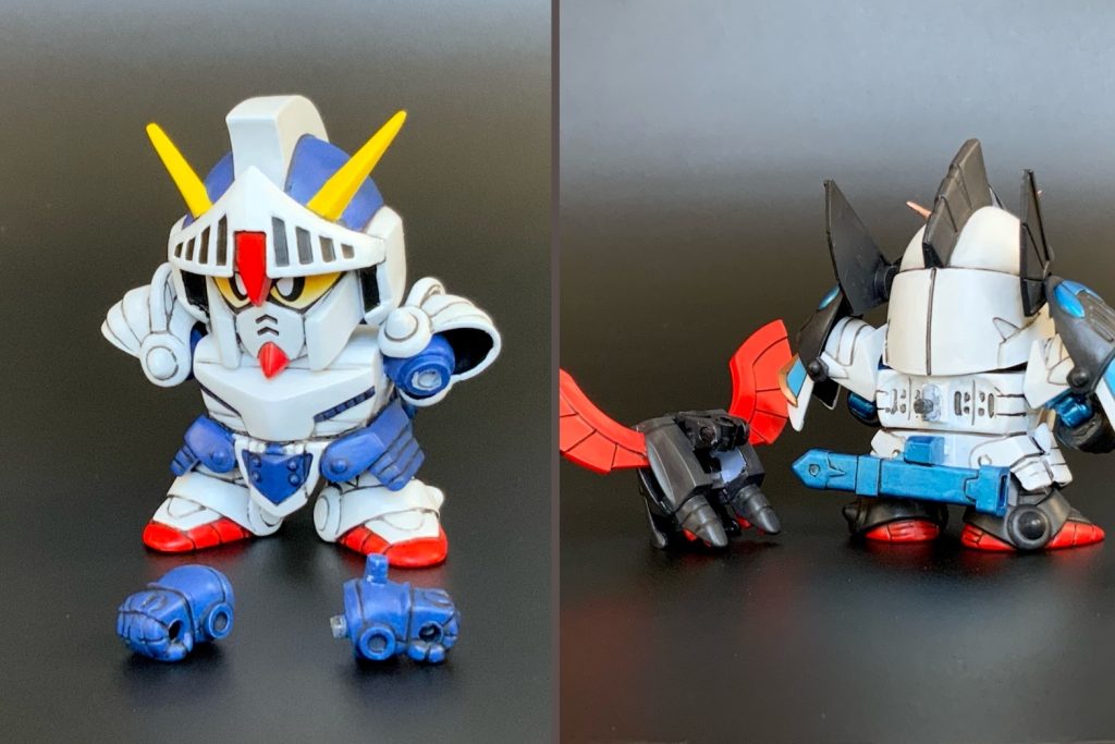 ナイトガンダムのみ腕が軸回転可能。バーサルナイトのナイトフライヤー(バックパック)は背中に接続軸を新設してます。