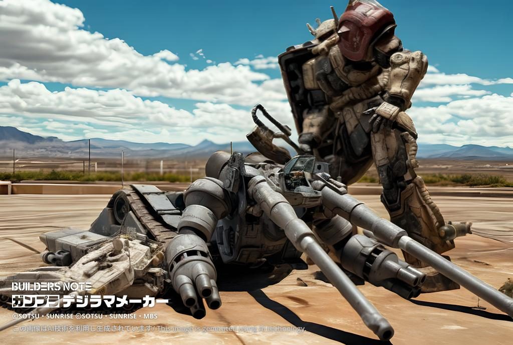 ラリーは順調に進みます。チーム八州レーシングのガンタンクが総合一位のとき、ある危険エリアを走行中に、上空から降下してきた二機のザクによってスレッガー機は囚われてしまいます。最新のガンタンクと言っても実弾が装填されてなければ無力で、警備の61式戦車もなすすべもなく。赤狼とビッグアフリカ、二機のザクは互いをそう呼んでいました。ドライバーは現地で即解放されましたが、兵器機材は持ち去られました。ジオンはこれらの鹵獲したガンタンクを即戦力とします。現地改修のシュルツェンを車体側面に追加し、ドローンやミサイルへの対策としました。