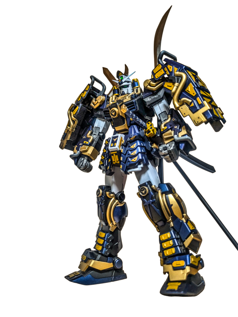 カラーレシピG:ガイア C:クレオス T:タミヤ シ:シタデル D:DSPIAE下地サーフェーサーEVOブラック(G)(紺部以外)白・・・エアリアルホワイト(C)黒・・・サフEVOブラック(G)のまま銀・・・スターブライトアイアン(G)手・関節など金・・・パールゴールド(G)もともと金いろのパーツのみ金・・・AURIC ARMOUR GOLD(シ)※筆塗り プラ板に。紺・・・EXブラック(G)→スターブライトアイアン(G)→    ディープクリアブルー(C)×2青メタ・・MKM04(D)スラスター内部