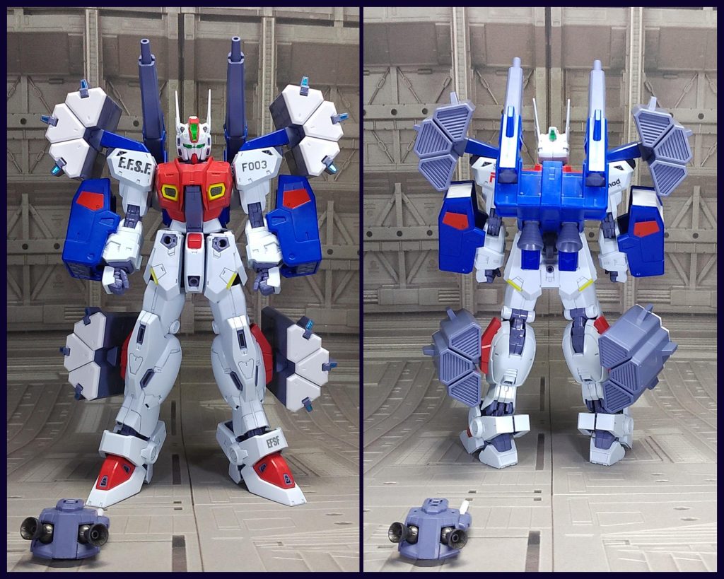 Bタイプ全て取り付けることができます。しかし、肩以外はきちんと取り付けできません。バックパックは胴体上部と干渉します。腕パーツは手首と干渉してしまい奥まではめ込むとミッションパック取り付けパーツが上にズレてしまいます。脚パーツは取り付け軸の上側にある固定ピンが干渉してしまい奥まではめ込むことができません。