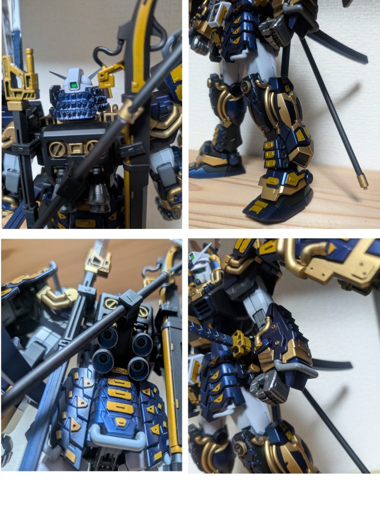 兜はもともとのモールドに合わせて三角プラ棒を輪切りにして貼り付け。ここだけで60枚近い。脚部は主張しすぎない程度に。スラスターも塗分けました。手甲には2mm穴を開け、そこに100均のつぶし玉を入れました。