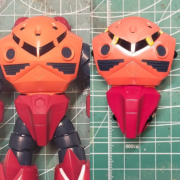 HGUCズゴック改修オリジナリティを発揮する前に、まずは可動域の狭さを修正腹部を削って前屈姿勢が取りやすくした後、頭部を改修悪人顔にしつつ頭頂部を削って、ギュっとした（ 語彙力）この時点で代表的なポーズは格好が付いたあとは膝立ちと腕だらん（ 語彙力）膝立ちさせるにはスカート？が邪魔なので、股関節を前後稼働出来るように調整しつつ、前スカートもRG的に可動するようにした膝立ちもそれっぽくなったが、腕が短い2〜3ミリ延長した方が異形感が高まるので、後ほど修正（3枚目）