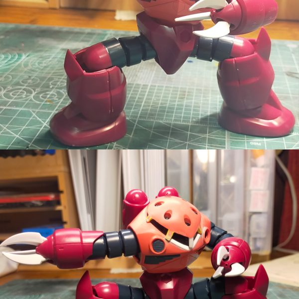 HGUCズゴック改修オリジナリティを発揮する前に、まずは可動域の狭さを修正腹部を削って前屈姿勢が取りやすくした後、頭部を改修悪人顔にしつつ頭頂部を削って、ギュっとした（ 語彙力）この時点で代表的なポーズは格好が付いたあとは膝立ちと腕だらん（ 語彙力）膝立ちさせるにはスカート？が邪魔なので、股関節を前後稼働出来るように調整しつつ、前スカートもRG的に可動するようにした膝立ちもそれっぽくなったが、腕が短い2〜3ミリ延長した方が異形感が高まるので、後ほど修正（4枚目）