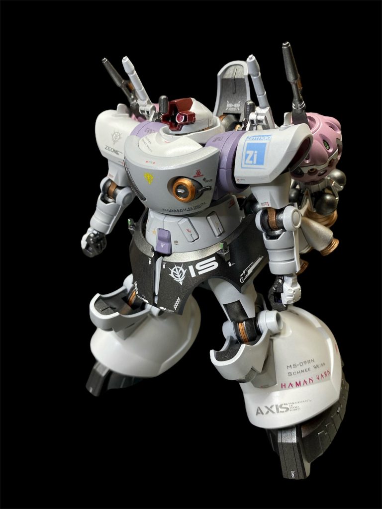 リック・ドム　シュネーヴァイス　はジオン公国軍のグラナダ突撃機動軍が管轄するNTパイロット育成機関『フラナガン・スクール』で運用された訓練機である。リック・ドムを母体とし、αサイコミュの発展型であるΩサイコミュの試作型を組み込むことで簡易的なNT専用機となる改修が施されている。装備するビットは、第二次ソロモン会戦におけるゼクノヴァで消息不明となった赤いガンダム用の補充として用意されていた予備機が流用され、二機をバックパックに増設されたマウントラッチに装備する。