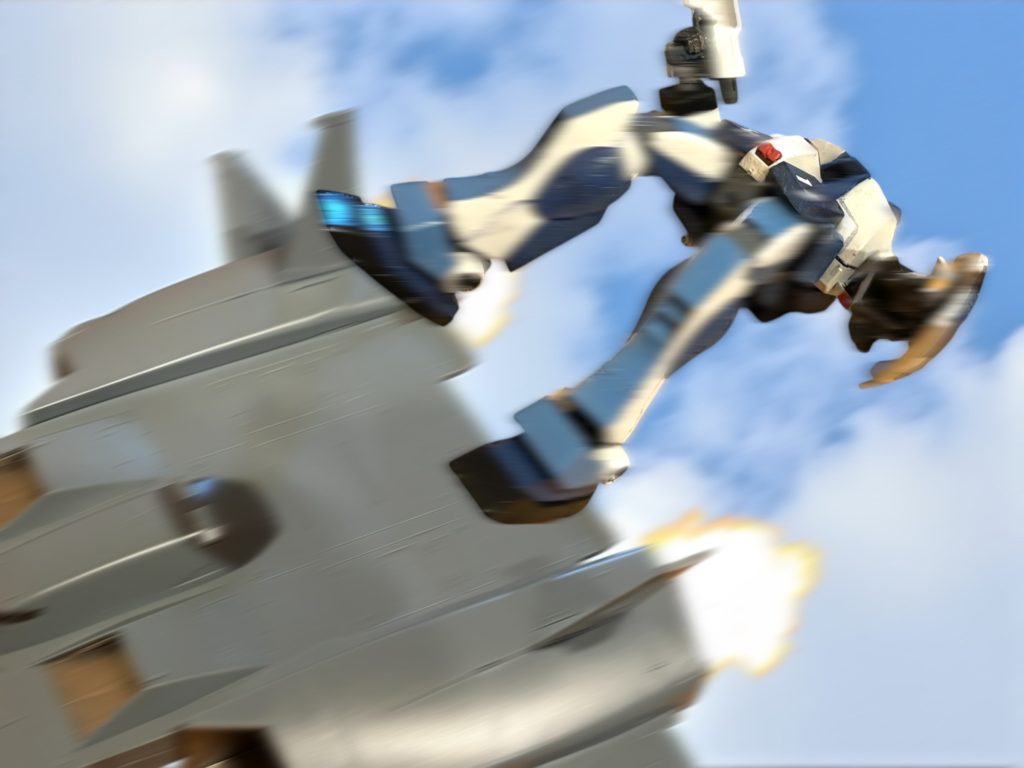 　ドダイの背面を蹴り、バック転のように機体を宙に浮かせた後、腹這いのような姿勢になって、重力に任せて機体を降下させる。ドダイは、弧を描くように上昇し、MS隊の後ろに大きく回り込んだ後、背面上空を追い越していく。