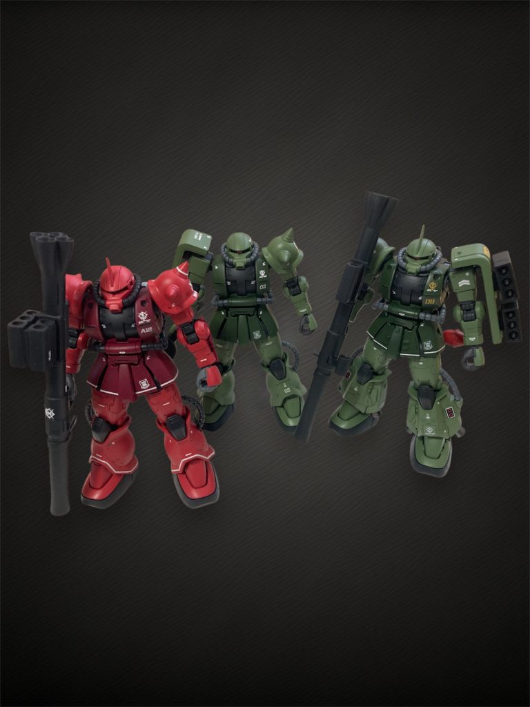 ファルメル隊のシャアザク、高機動型ザクと。オリジンザクのストックが無くなってしまったので再販が待ち遠しい…