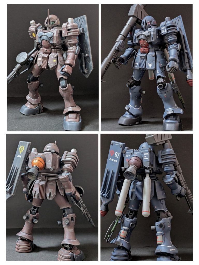 今回、無改造・塗装済みで放置していたモノをリメイクしましたので、リメイク前(左列)との比較を。元々のスタイル良しの美脚もいいのですが、ドッシリ下半身の方が私は好みです。