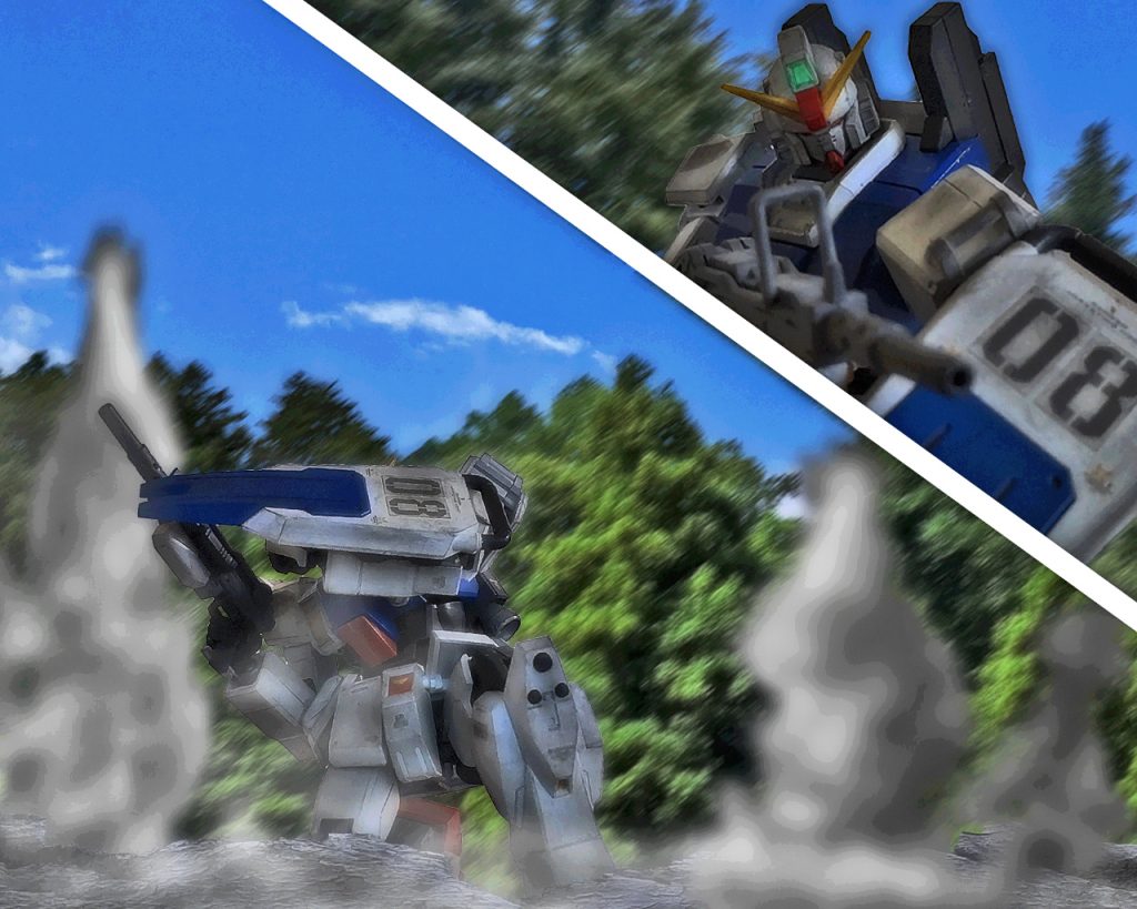 「…発砲音!?姐さん、軍曹!!11時の方向です!!」「なにっ!?」敵の砲撃がサンダース機のすぐ横に着弾すると、機体を揺らす振動と土煙が舞い上がる。サンダースは姿勢を低くしシールドで防御するとカレンは100㎜マシンガンを構え敵機を探す。「チッ、やっぱり待ち伏せかっ!?敵の位置は!?」「距離2300、高台に2機います！」「180mmか！そんなの装備しているなんて聞いてないぞっ！」「そんな事、僕に言われても…」カレンの文句にミケルが困っているとジョニーが口を開く。「おい、後ろから何か来てんじゃねぇか？」「えっ!?」ミケルは液晶ディスプレイを見ると自分達の後ろから1機のMSが近づいているのに気づいた。「挟み撃ちっ!?そんなっ!?」敵は戦闘区域ギリギリのラインで隠れて待機し、08小隊が森を抜けるのを待っていたようだ。「隊長っ！後方からMS1機接近！距離1500！」「こっちでも確認した。区域限界で待ち伏せてたみたいだな」「どうしますっ!?」前に出れば砲撃の雨、後ろは一本道でMSなら一対一でしか戦えないスペースで逃げ場がない状況だ。「仕方ないっ、悩んでいる時間はない！カレン、前に出られるかっ!?」「敵の位置が分かればサンダースと二手に別れて揺さぶりを掛けられます！」「頼むっ!!」「行くよ軍曹っ!!」「了解した！」カレンとサンダースは一瞬砲撃が止むと左右に散らばり敵の注意を逸らす。