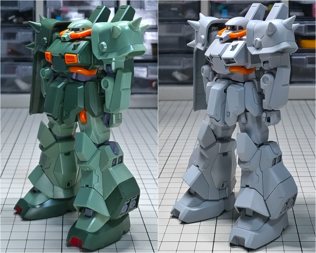 パチ組状態とサフ状態を紹介大きく形状を変更したのは頭部と胸部の二か所です。その他はお腹の延長とふくらはぎ内側のエッジを落としたくらい。