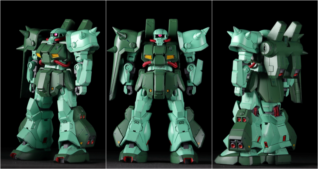 ハイザック単体で正面と左右から。元キットがかなりずんぐりしたアレンジになっていたのでお腹の延長をしていますが、まだ肩と脚が大きい気がしますね。