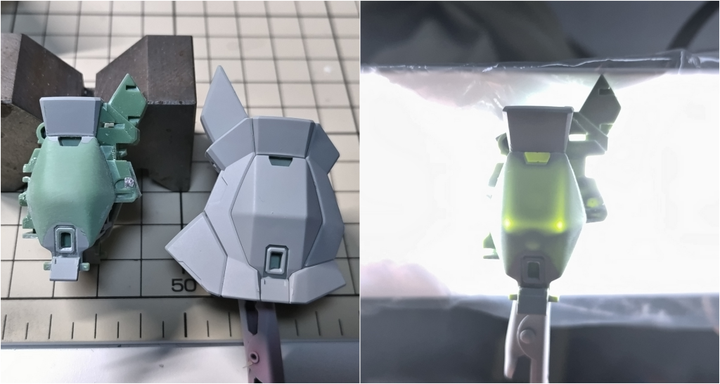 ふくらはぎ内側は角張ったデザインに変更されていたので、曲面になるように180番のやすりから始めて裏が透け始めるまで削りました。縁が六角形になっているのも円形にしたかったのですが流石に断念。ノーマルのハイザックがあればそちらを使ったかもしれません。