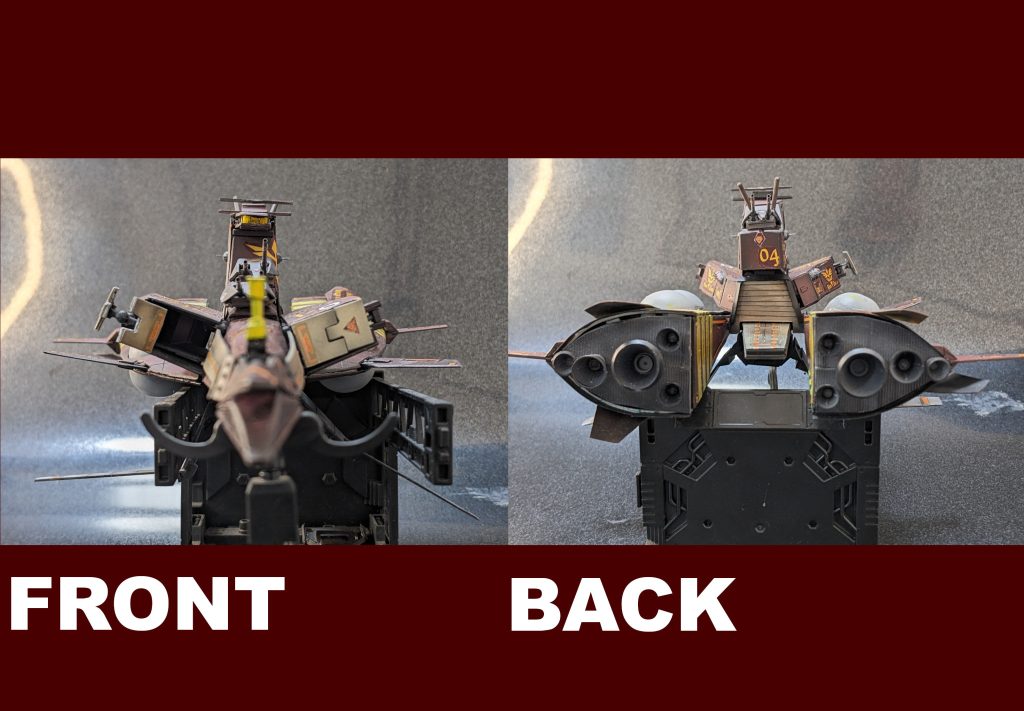 前と後ろ。このアングルって劇中でもなくて作ってみて初めて「こんなだったのかぁ」と感心しました。今回立体物を作ったことで『世界中の誰よりも（涙・合掌）』ムサカの構造を理解したと自負しております。正面から見ると被弾面積が極端に小さいことが分かりますね。それは後ろから見ても同じことが言えて、「当たらなければどうということはない」を体現しています。艦首にはMS管制塔を起倒式で再現してますがピンボケしてますね。MSのハッチは開閉が可能。アニメではなんとなく蛇腹みたいな線が入っていてシャッターみたいに巻き取るイメージかと思います。私の作例ではがばっと上方向に開きます。よく考えるとハッチ→直MS格納庫ってヤバイですね。ホントは二重扉にすべきでしたね。