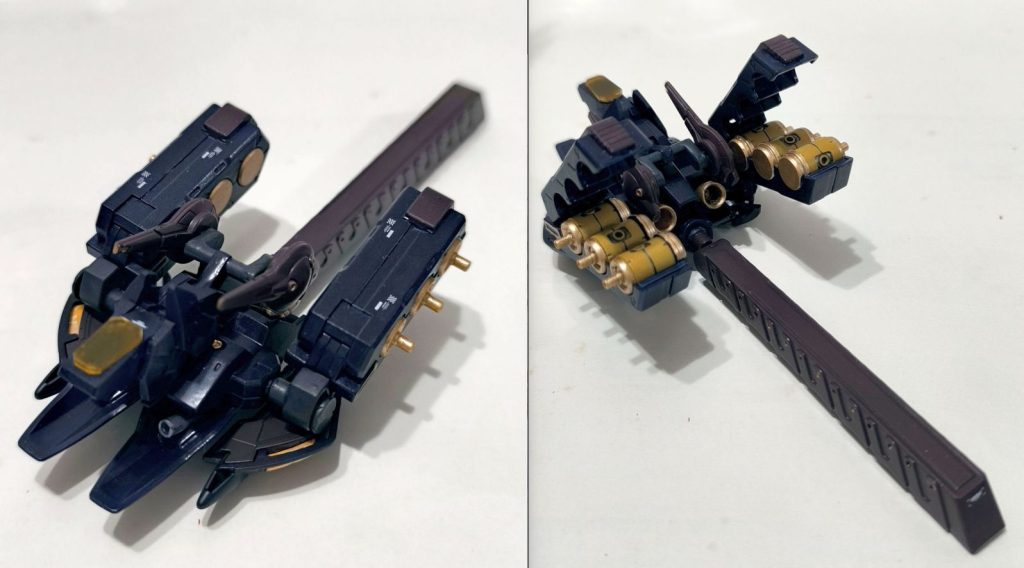 S.K.O.L.L. : Strategic Key Operational doLL単独動作時には、ビームカノンやファンネルにより、フェネクス・ソールの支援を行う。常時は自立システムによる無人運用ではあるが、有人用コックピットも備えている。かつてのコアファイター運用プランに通ずるような、パイロットの緊急脱出ポッド及び戦闘機としての運用も可能…、という設定です。ジャンクパーツとして持っていたファンネル、シナンジュの腰部フロントアーマー、アーティファクトのリックディアスからパーツを寄せ集め作りました。オオカミ感を出したくてジャンクパーツを組み合わせていたところ、Zoidsのコマンドウルフっぽいキャノピーを作れました。尻尾状のモノ(プロペラントタンク兼バランサーという想定)は、実は使い捨てカミソリの持ち手部分です。妙にディテールが施されていて大きさもマッチし、これいいじゃんと。