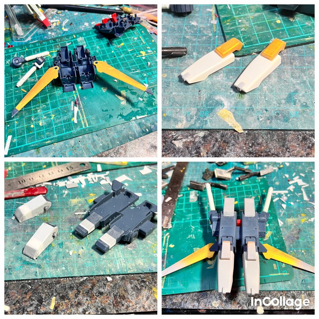 ランドセルの羽もノーマルから伸びてるので、百式のバインダーを加工して作りました。ミサイルポッドは切断してプラ板で延長。スラスターのカバーはフルバーニアンと百式の部品をくつけて作りました。これにて製作工程終了です。長くなってスミマセン😰