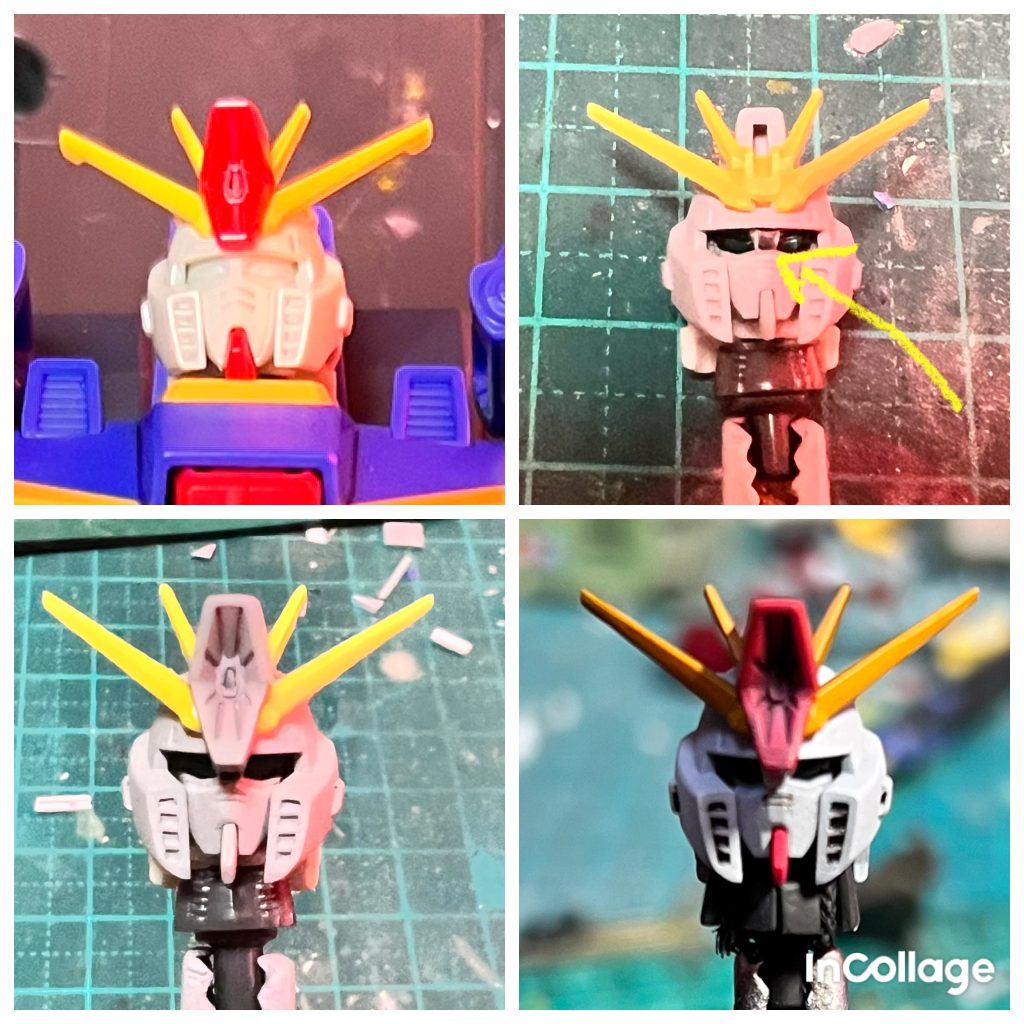 ここから製作工程になりますフェイスパーツをHGCEインパルスから流用しました。頬の下は延長して尖らせています。首を室伏や家長（川崎F）の様に太いアスリート仕様に変えました。インパルスをZZの顔に変える為に目と目の間にパーツを加えました（写真右上）がひさしとの間に隙間が出来たのでハイメガの銃口を下に伸ばして隠蔽しました😅