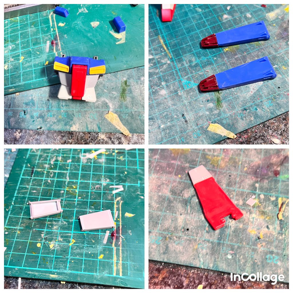 強化型は胸の下のデザインがノーマルから変更されているので、プラ板で再現しました。　肩は百式のつま先を貼り付けて延長し、肩の上に乗るターボ車のあれの様なパーツはスクラッチしました。上部分シールドも延長しています。