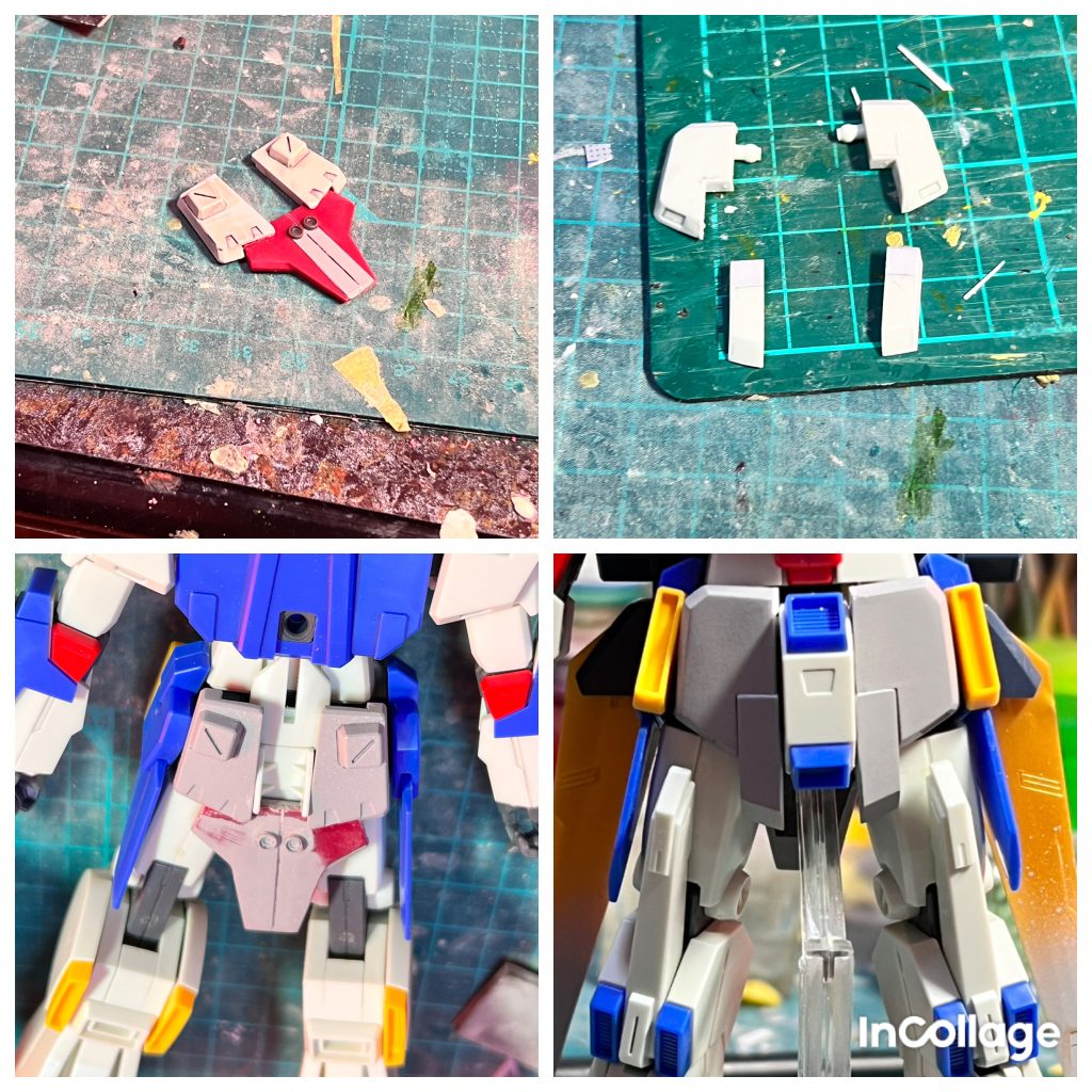 お尻の方のスカートアーマーはヘイズルの部品などから加工しました。強化型はフロントスカートの下に向かってとんがったパーツが伸びてるので、いったん切り離してから延長して再度接着し再現しました。