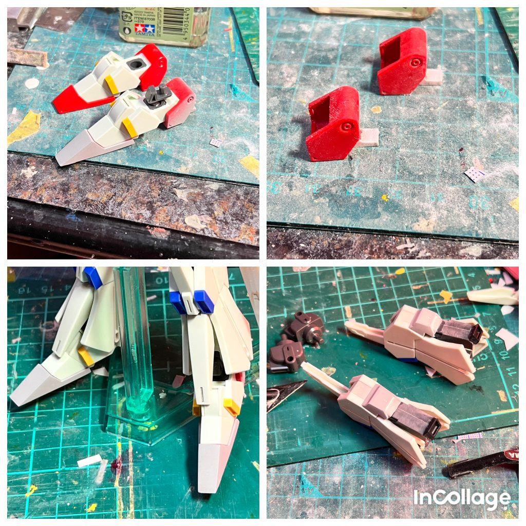 強化型はつま先と踵の転び止めも伸びてるので、これもプラ板で伸ばしました。ふくらはぎのスラスターはEGνの部品から作りました。