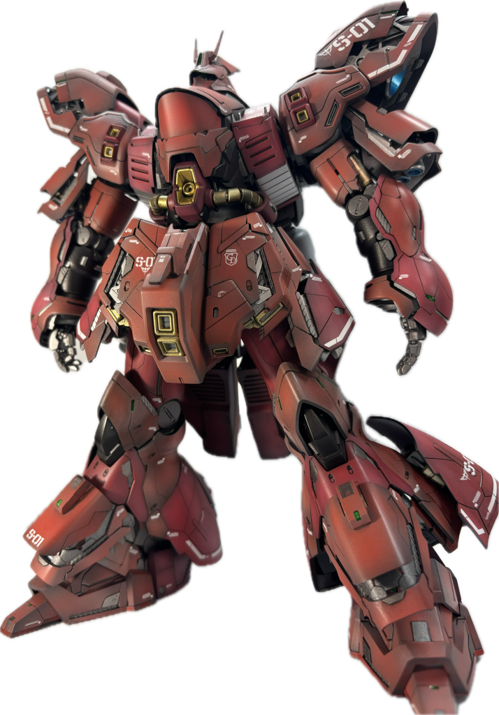 見上げる構図既存でもなかなかの情報量ですが、少しスジボリやパーツ追加していますバーニア内の青も良いアクセントになりました肩内側はスカスカで気になったので、バーニア追加しました