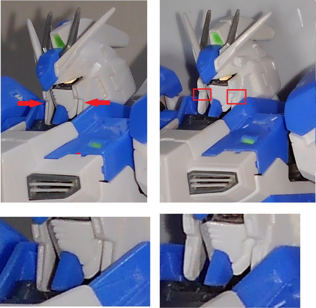 ではここからランナーパテの話を。まず最初にランナーパテの欠点を。色抜けしやすいです。色素が抜けちゃうらしいですね。それと痩せやすいことですかね。作成中のＨＧハイニューです。見づらいかもですが、赤矢印の部分に切り込みを入れ、ランナーパテで造形しました。右側が造形後ですね。こういうちょっとだけ盛りたい時に私はよく使います。私は基本無塗装派なので白とか美プラの肌色とか色抜けしづらい色はランナーパテを多用します。このハイニューの青いパーツも多用してますが、色抜けしてるのが分かりますね。この色は向いて無いってことですが、承知の上で使いましたので、後で塗装しようと思います。