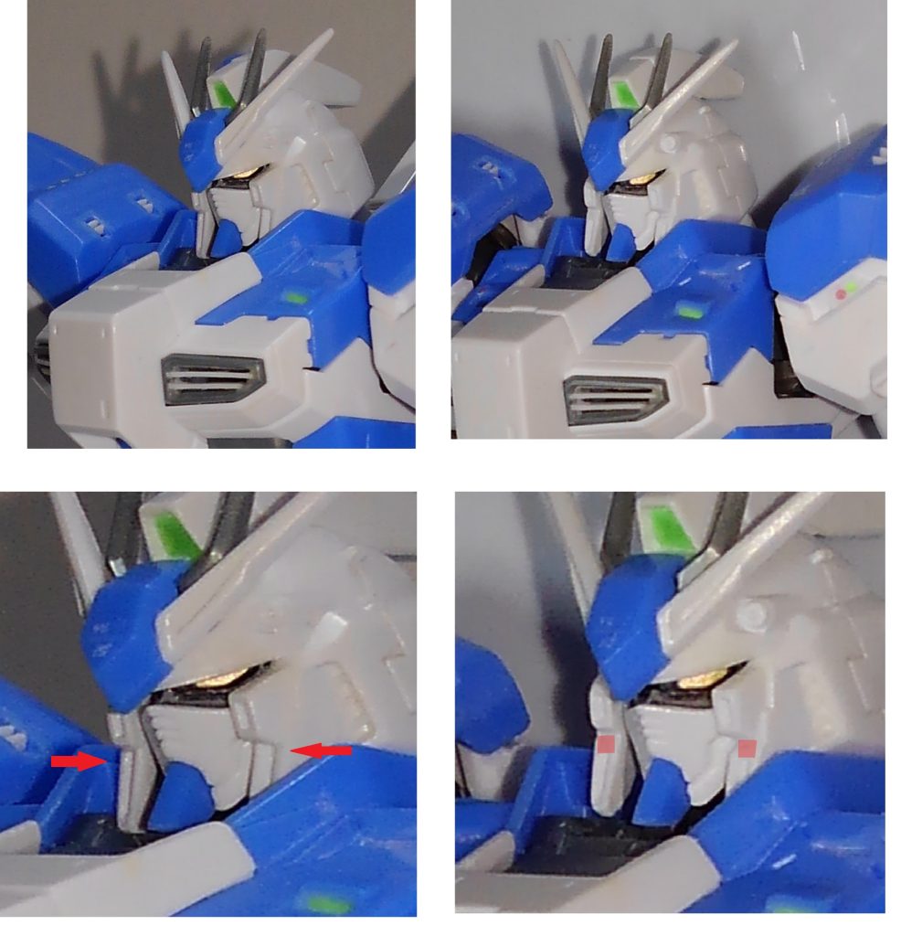 ではここからランナーパテの話を。まず最初にランナーパテの欠点を。色抜けしやすいです。色素が抜けちゃうらしいですね。作成中のHGハイニューです。見ずらいかもですが、赤矢印の部分に切り込みを入れ、ランナーパテで造形しました。右側が造形後ですね。私は基本無塗装派なので白とか美プラの肌色とか色抜けしづらい色はランナーパテを多用します。このハイニューの青いパーツも多用してますが、色抜けしてるのが分かりますね。