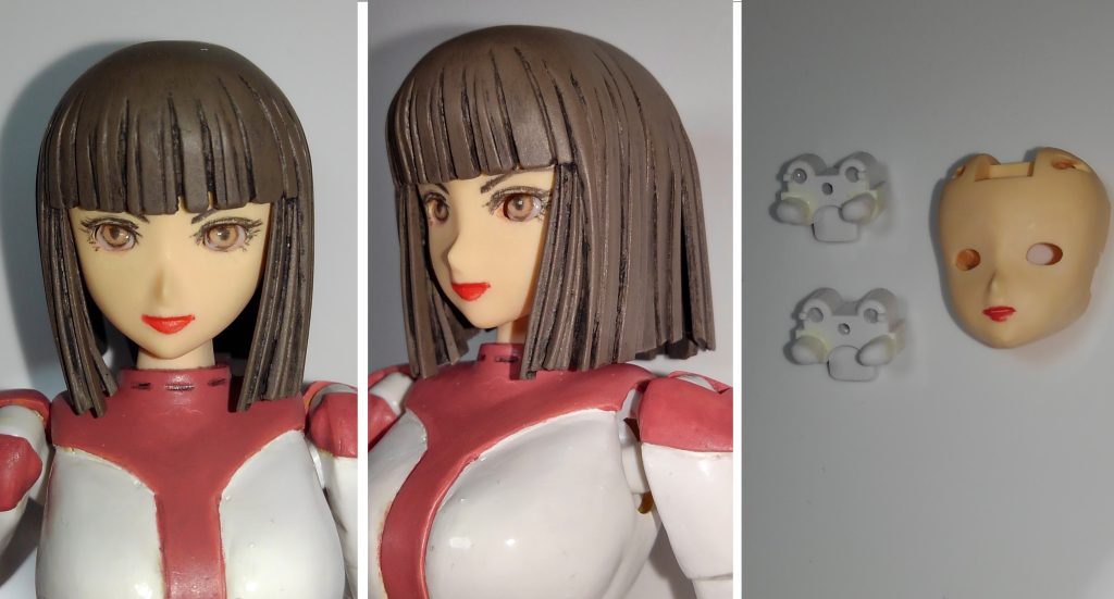 私は美プラをよく作るのですが、よく目を褒めていただけます。なので目の作り方をご紹介いたします。過去作のボトムズのヒロイン、フィアナです。GUNSTA様の水星の魔女コンテストに応募した作品です。急遽参戦したためよろしくないところが多々ありますので今回彼女を改修・・・いや、美容整形wするついでに目の作り方をご紹介できればと思います。ダメなところですが目パーツと顔パーツのサイズが全くフィットしていないのです。これが逆に良い感じに見えなくもないのですが、目元に隙間があるのはおかしいので修正します。一番右はやすって全部削り落とした状態です。