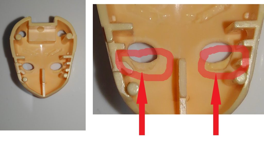 顔パーツを裏側から見た状態です。直そうと思っていましたが残念wながら形は概ね良好ですね・・・ヤスって滑らかにするだけにします。赤で囲ったところはランナーパテで過去に埋めた部分です。元キットの「すーぱーふみな」は目がヤバイほどwでかいので結構埋めてますね。