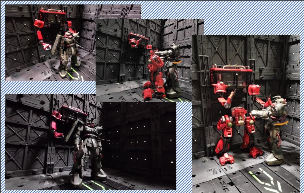 07）普段は司令室ですが、有事には手足と武装を取り付けて、出撃します。同僚のザクにボディを運んでもらい、司令室をクレーンで吊り下げてボディと合体。その後にクレーンやアームで武装を取り付けます。ターレット式ビームガンとミサイルポッドです。あとは屋上に銃を持った兵士も2名配置しています。その後に背後にレンジ・エクステンダーを装着してもらいます。モビルコマンドポストは電動だけれども大きなバッテリは積んでいないので、ガソリンから発電するエンジンユニットは装着し、稼働時間を稼いでいます。なので、日本の配管から排気ガスがでますし、エンジンのうなり音も聞こえてきます。