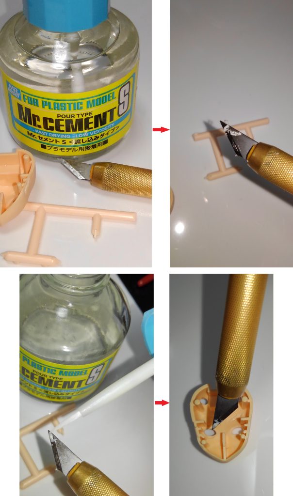 埋め方ですが、顔パーツのついていたランナーをカンナ掛けし、削りくずをデザインナイフの上に乗せ流し込み接着剤で溶かし、刃の上でランナーパテを作りなすりつけて埋めていきます。完全乾燥(丸一日以上放置)後、ヤスって整えます。使うのはクレオスさんの流し込み接着剤です。クレオスさんの流し込みSP、タミヤさんの速乾流し込みだと乾くの早すぎて無理なので通常の流し込み接着剤を使ってください。私のお勧めはこの接着剤です。