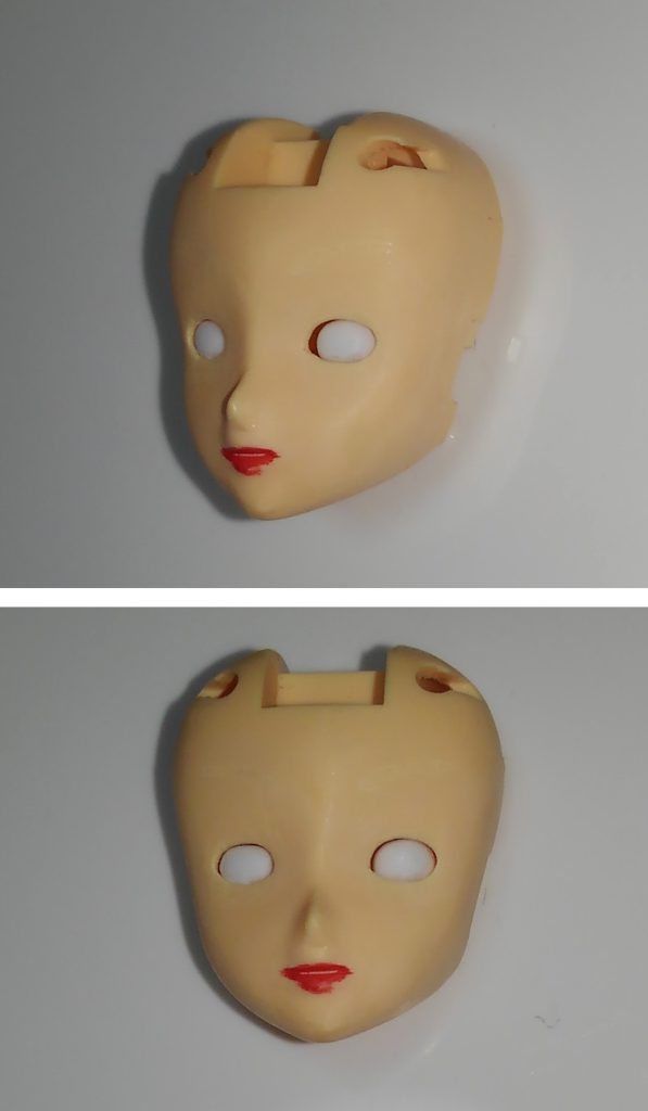 目パーツをはめました。目の隙間がすごいです。これを修正していきます。目の穴は両目がしっかり対称の形であることを確認します。そして穴のフチをヤスって可能な限り滑らかに整えます。600番以上でヤスった方がよいです。