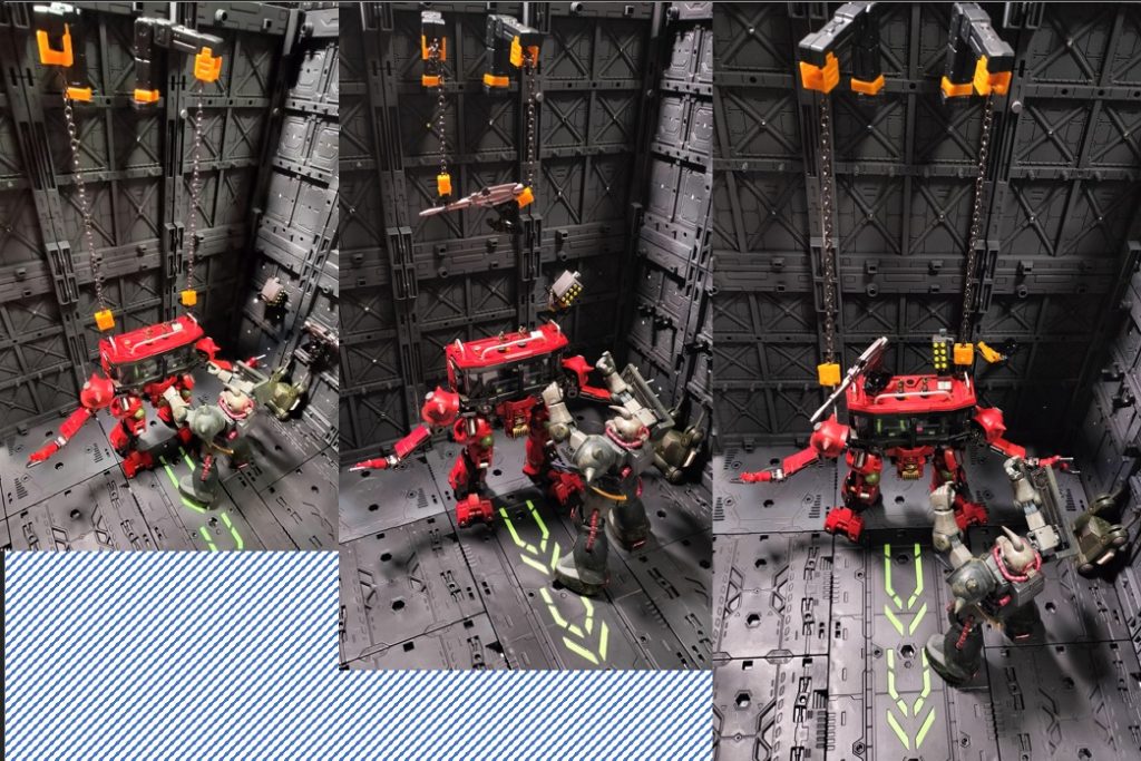 08)操縦は二人がかりで行います。右ハンドルを担うパイロットが移動を、左手のパイロットがアームの操作や武装の操作を担います。司令室なので、指揮官など数名が搭乗します。移動中も立ったままなので、体幹が鍛えられています。