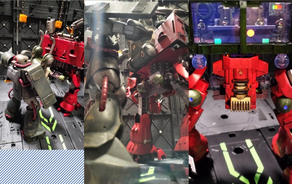 09)普段は僚機の行動指示や補修が主となる司令室なので、格納庫で僚機をメンテしている絵をとる必要がありました。そこで次男から巣組のHGUCザクIIをもらったのですが、汚してある“ユデガニ”とギャップが大きすぎましたので、急遽全塗装。