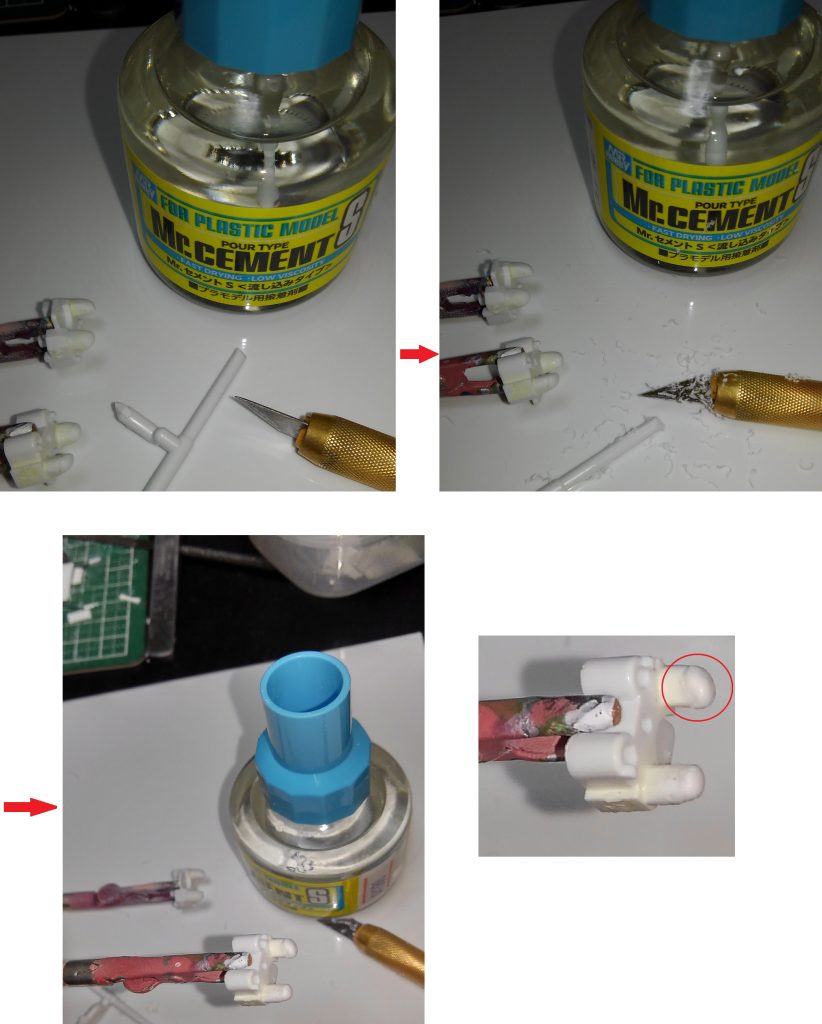 今度は目パーツに白ランナーから作ったランナーパテを盛っていきます。この作業には写真のクレオスさんの通常タイプの流し込み接着剤じゃないとダメです。タミヤさんの通常流し込みだとうまくいきません。