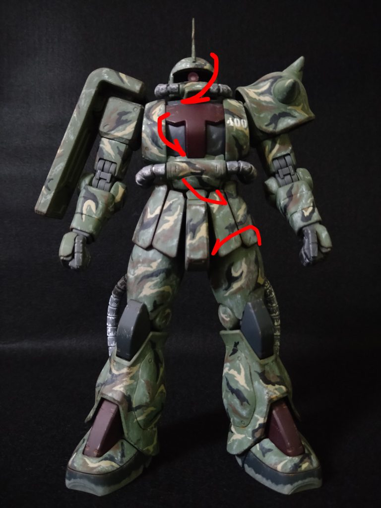 本編のラスト写真に、流れのラインを入れてみました。頭部→右胸→腰へと流れているのが分かるでしょうか。