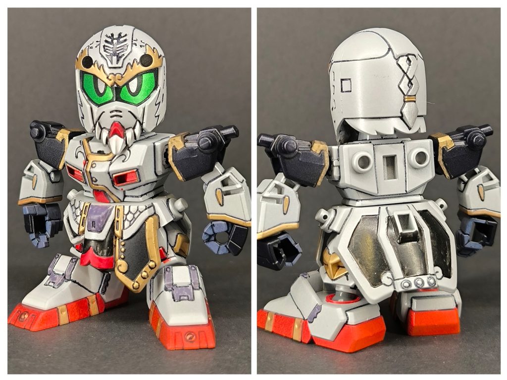 軽装形態、カラーレシピホワイト…タミヤパールホワイトブラック…タミヤディープブルーメタリックレッド…ガンダムマーカーロイヤルメタレッドゴールド…クレオスリッチゴールドシルバー…ガンダムマーカーシャインシルバーブルー…タミヤライトメタリックブルースコープ部ブルー…ガイア蛍光ブルー仕上げ…Mr.水性プレミアムトップコートUVカットスムースクリアーつや消しホワイト部下地…ガイアサーフェイサーエヴォシルバーレッド部下地…タミヤ白サフ他下地…クレオスフィニッシングサーフェイサー1500ブラック以上で塗装してます。なんでか仕上げて気づいたんやけど、グレーの部分をめちゃ適当な1度塗りで終わらしてしまってる😱リカバリーしたのですが写真撮るの面倒なのでコレで完成です。