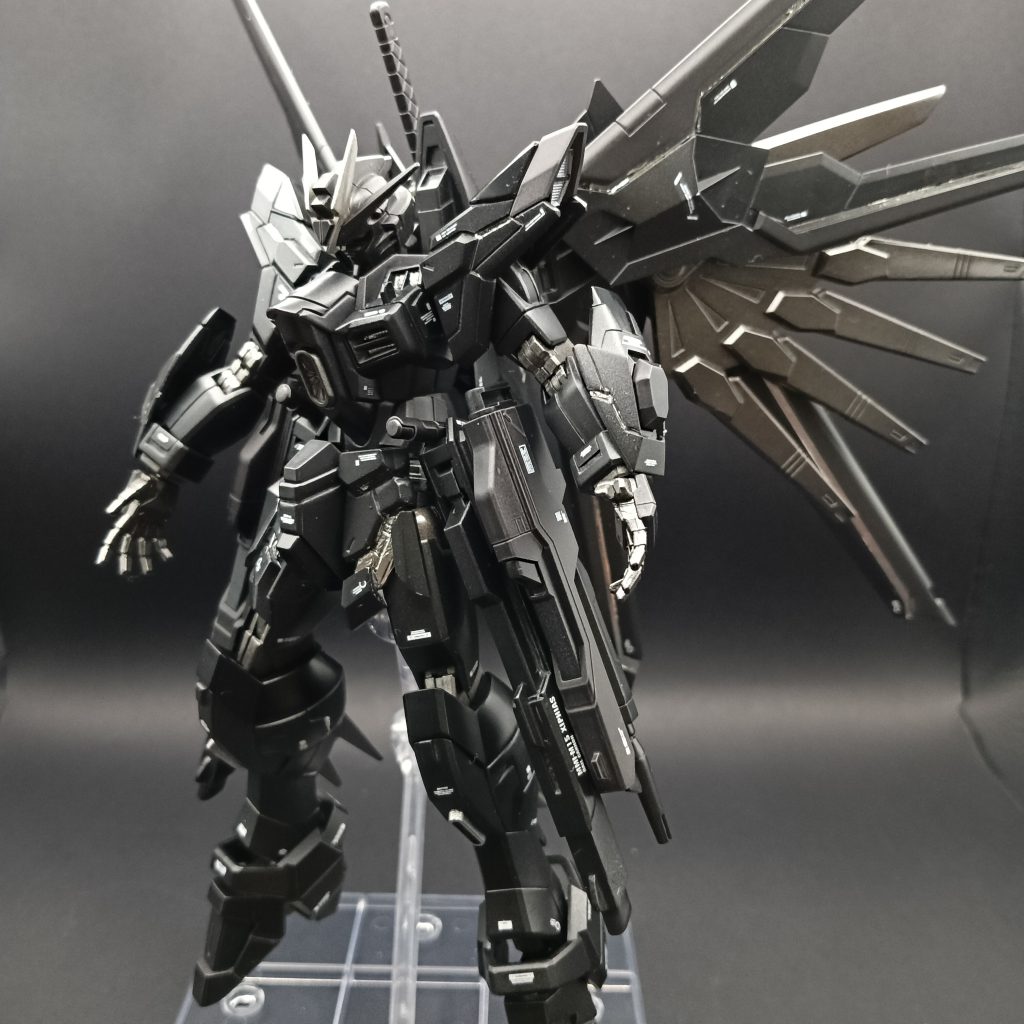 MGEXフリーダムカッコいいですよね～！ってわけで、カラーだけでなく、フロントスカートや、パーツスジ彫りにて、パーツ展開をイメージ、内部フレームをキャンディ塗装、ハセガワミラーフィニッシュでメッキパーツ感をだしました！