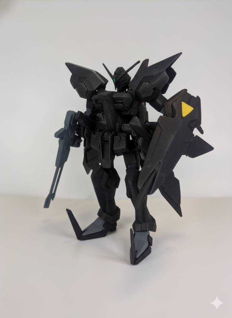 現在制作中5つのガンダムのうち最後のやつですコレもAIにお願いして真っ黒にしてもらいましたですがシールドの三角形と頭部のセンサーだけ色が残りましたGeminiは面白いですけど、まだまだ改善の余地がありそうです最後までご覧いただき、ありがとうございました