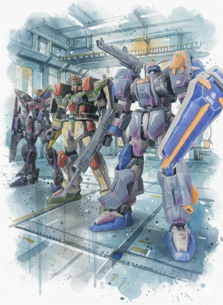 AI遊び⑤基地内の背景ガモフの艦載機であるGAT-Xシリーズの3機が揃いました