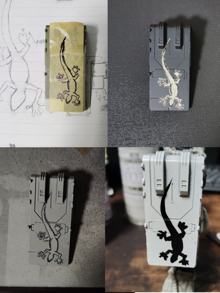 シールドのエンブレムに関して、まず紙に練習してからマスキングテープの上に描き下地の黒を残してホワイトを吹いて製作しました　切るのが難しくてあんまり上手く行きませんでした微妙