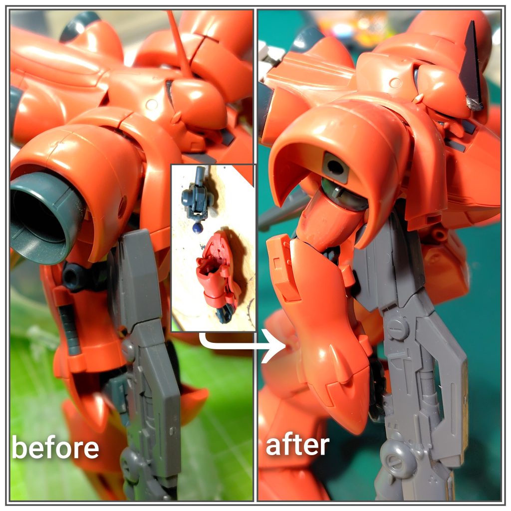 改修ポイント。ツヴァークのポリパーツ部品が余っていたのでそれを利用して何とか。カンジキ用部品でポリのボールジョイントが思いのほかサクッと利用できました。せっかく美しい良い曲面である下腕部分が通常の肘曲げだと下向いて見えなくなりもったいないなーと思いましたので,チョーっと強引でしたが肘を曲げても自然に曲面が見えるようにロール軸入れました。肘関節の後ハメ加工のついでというわけではないこともないかもしれませんが結構気に入ってます。