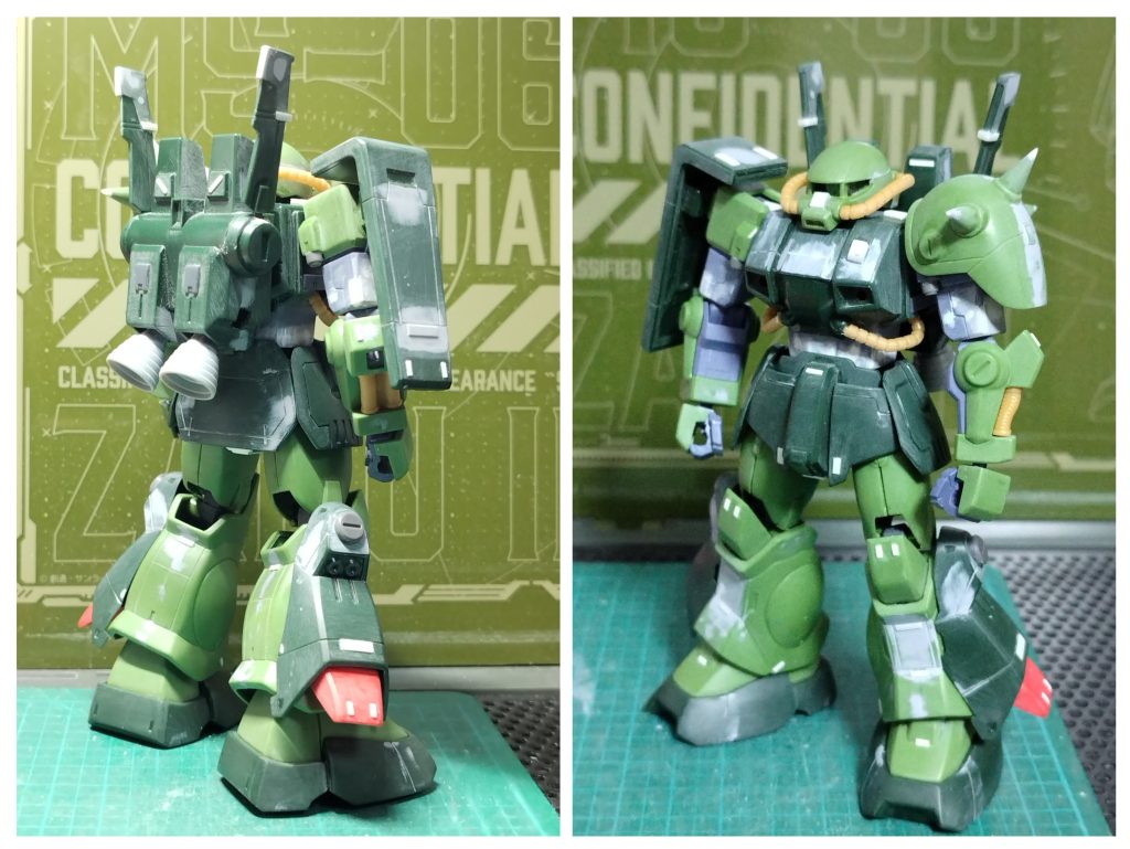 頭部は、モノアイ部分でノコを入れ、ヤスリで整える分短縮。モノアイもプラ棒でそれっぽく作ってますが、写真では見えないですね(笑)腕は、動力パイプの処理が、面倒くさかったので、削除。プラ板パテにて整形。腰は、プラ板で2ミリ延長。股下部分、太ももが後ハメの関係状延長出来なかったので、股関節の接続部分で2ミリ延長。それにより出来た段差を、プラ板でそれっぽくディテールアップ。バックパックは、フィンユニットをプラ板にて少し太くみえるように、フィンが横に広がり過ぎるので、プラ板で塞ぎ広がりを抑えてます。バーニアは、ビルドパーツに変換。全体に、プラ板とスジ彫りでディテールアップしました。