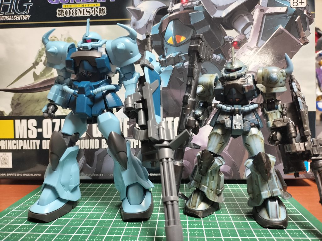 HGグフカスとのツーショットおろしたてのMSと歴戦のMSの対比みたいで面白いですね。