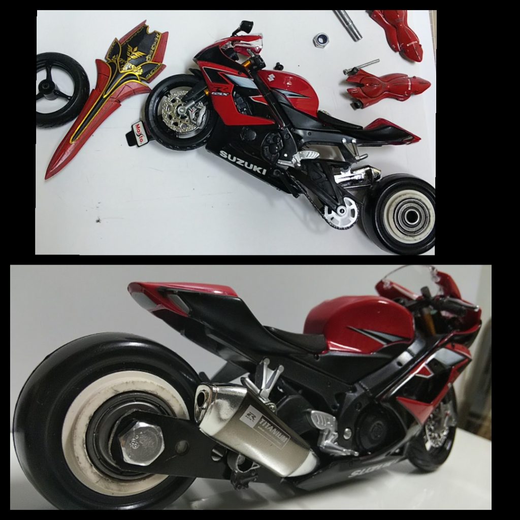 ジスペケGSXRになんか格好良いと取っておいた台車のコロコロを　ロンホイ極太タイヤに　シナンジュ盾のエングレービングを写真からシールに印刷してフロントカウルに貼ります