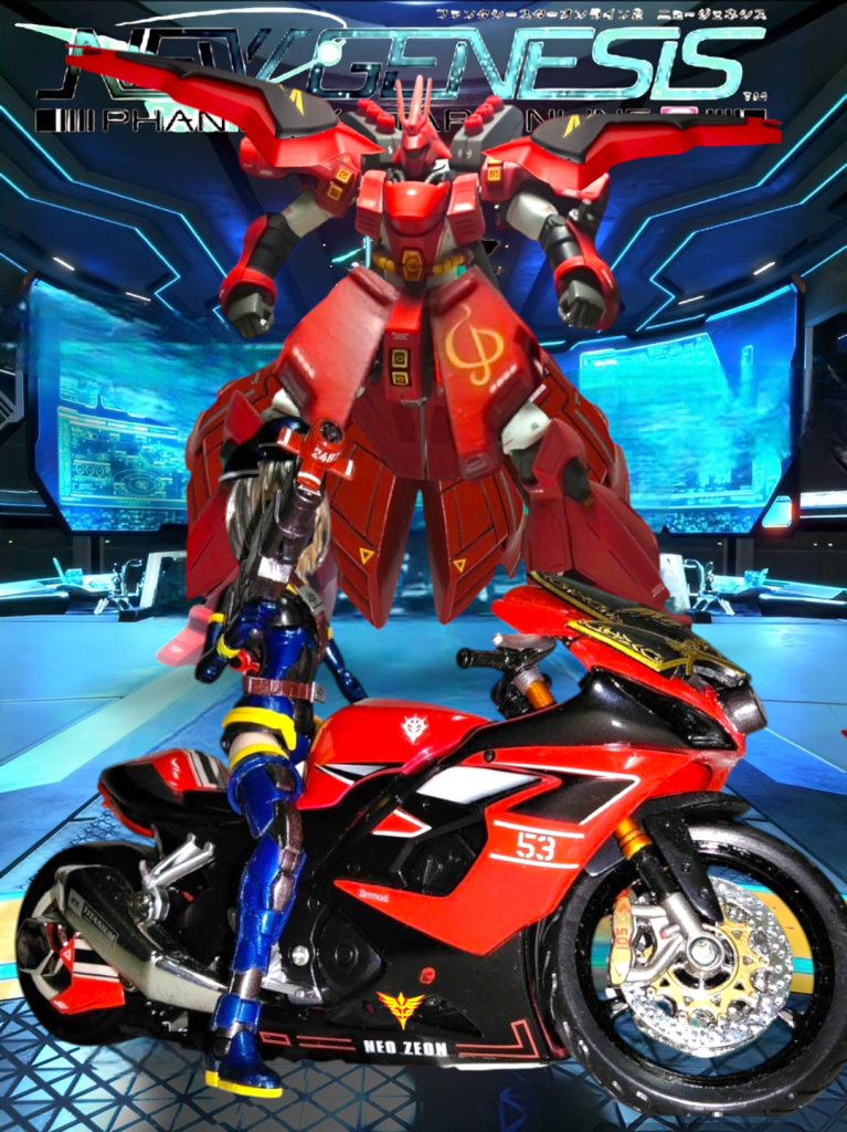 以前作ったネオジオン親衛隊バイクにデカール追加　30MティアーシャにSDサザビーのファンネルライフル　後ろはナイチン買えてないのでHGサザビーを少しでもゴツくと作りました